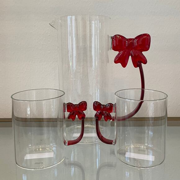 3pc Clear Glass Mugs & Pitcher with Coquette Red Bow Handle Holiday Glam NEW - Picture 2 of 16